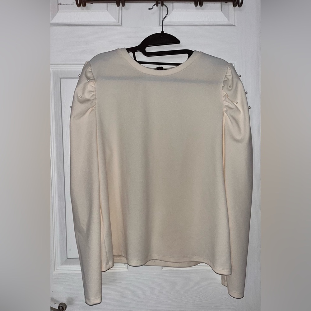 Ann Taylor Cream Blouse with Pearl Details Large Petite